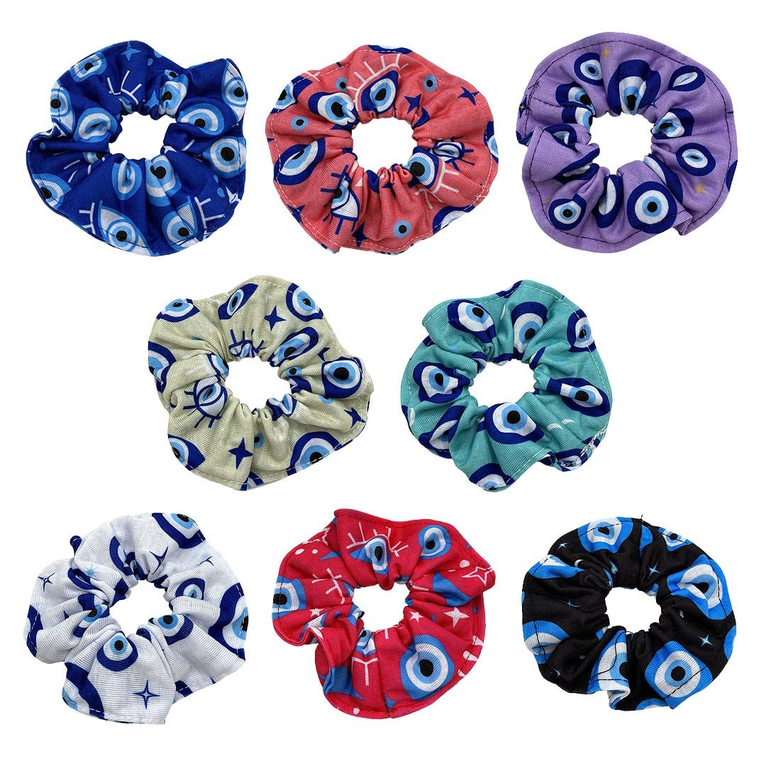 Assorted handmade evil eye cotton hair scrunchies in colorful nazar patterns