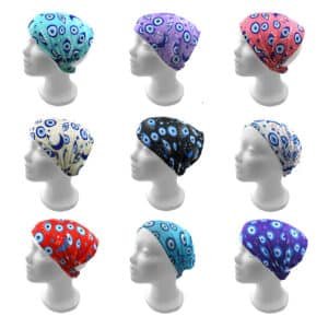 Assorted handmade evil eye cotton headbands in colorful boho patterns