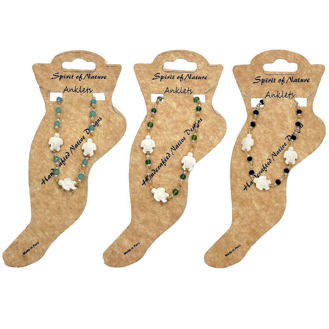 Sea Turtle Stone Ball Bead Macrame Pull Tie Anklet - Image 2