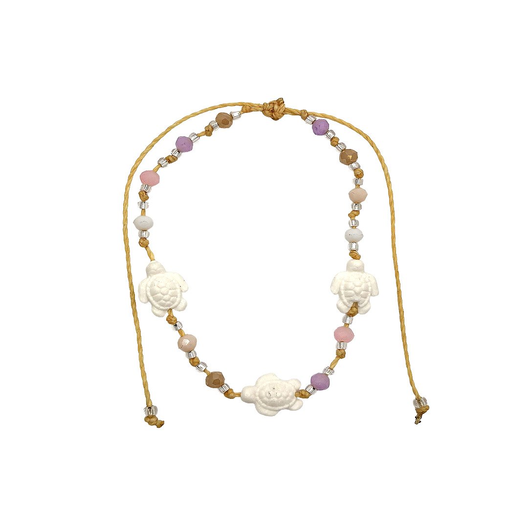 Sea Turtle Stone Ball Bead Macrame Pull Tie Anklet - Image 3