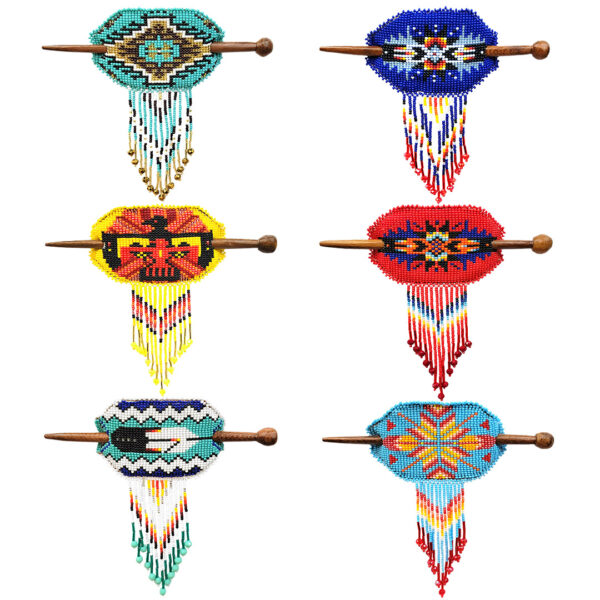 Beaded Native Inspired Oval Seed Bead Fringe Barrette Hair Stick