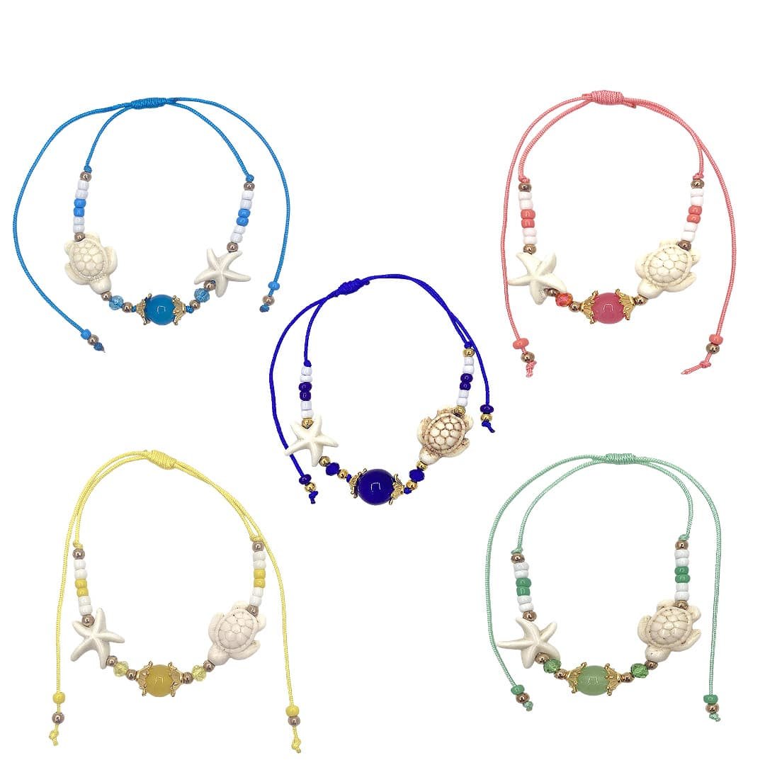 Sea Life Stone Ball Gold Beaded Pull Tie Bracelet