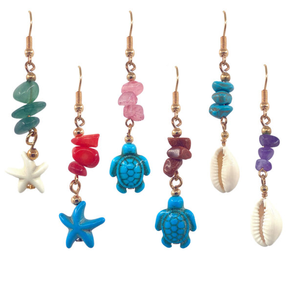 Chip Stone Sea Life Gold Long Dangle Earrings