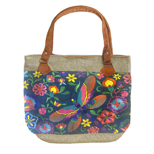Embroidered Floral Dragonfly Burlap Suede Purse Tote Bag - Image 3