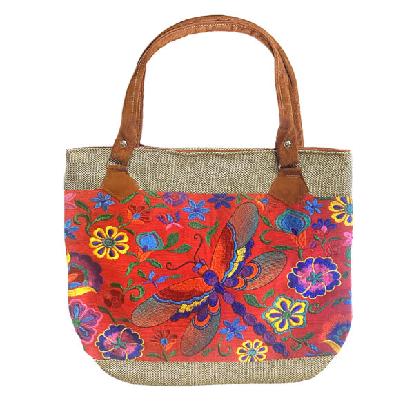 Embroidered Floral Dragonfly Burlap Suede Purse Tote Bag - Image 4