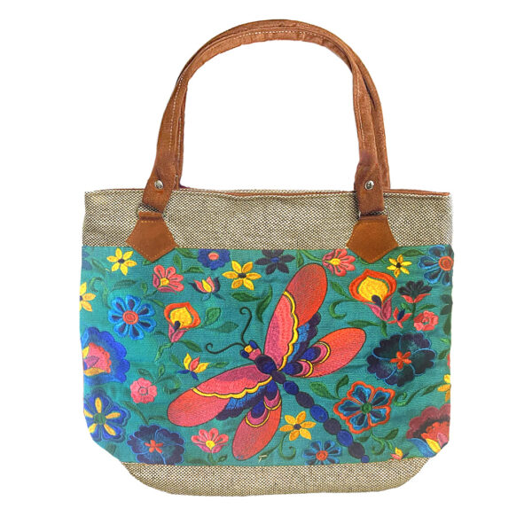 Embroidered Floral Dragonfly Burlap Suede Purse Tote Bag - Image 6