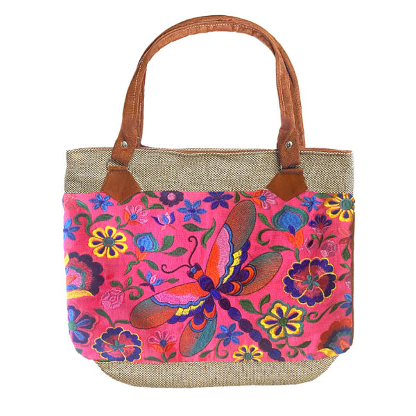 Embroidered Floral Dragonfly Burlap Suede Purse Tote Bag - Image 2