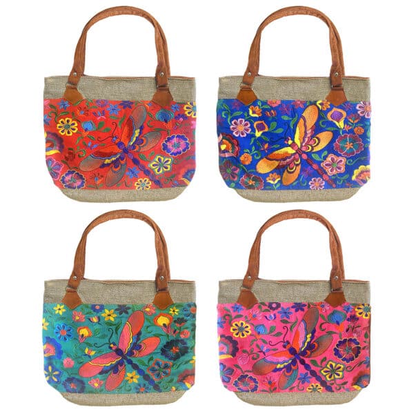 Embroidered Floral Dragonfly Burlap Suede Purse Tote Bag
