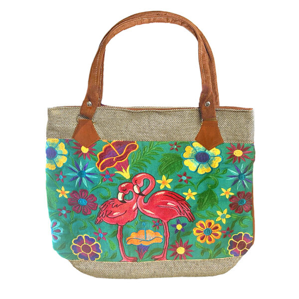 Embroidered Floral Flamingo Burlap Suede Purse Tote Bag - Image 3