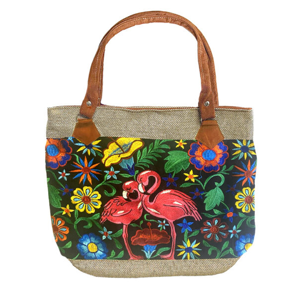 Embroidered Floral Flamingo Burlap Suede Purse Tote Bag - Image 4