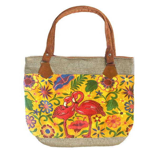 Embroidered Floral Flamingo Burlap Suede Purse Tote Bag - Image 5