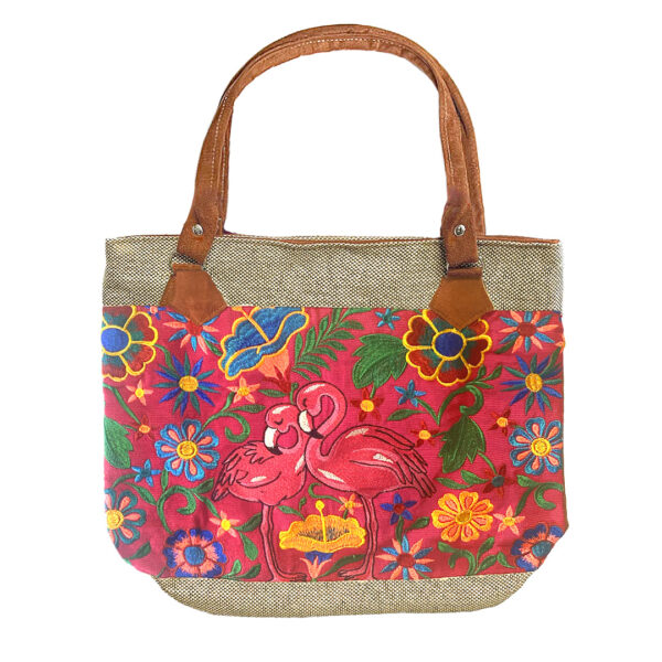 Embroidered Floral Flamingo Burlap Suede Purse Tote Bag - Image 2