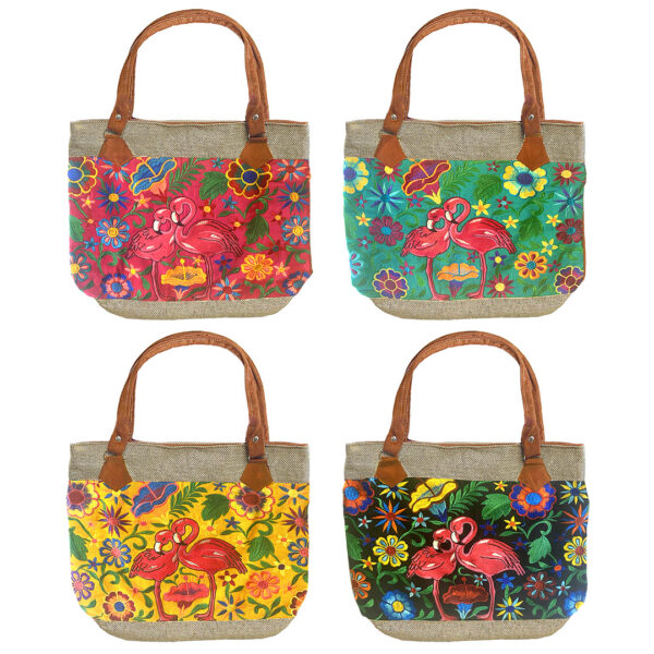 Embroidered Floral Flamingo Burlap Suede Purse Tote Bag