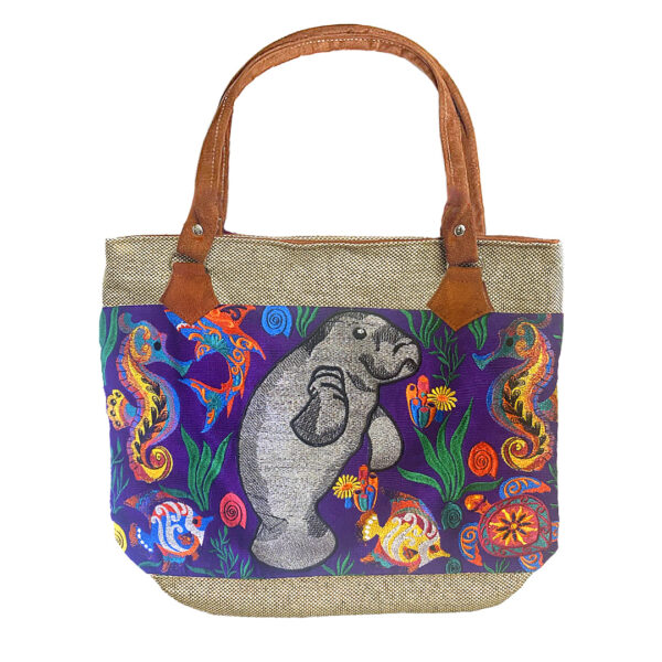 Embroidered Floral Manatee Burlap Suede Purse Tote Bag - Image 5