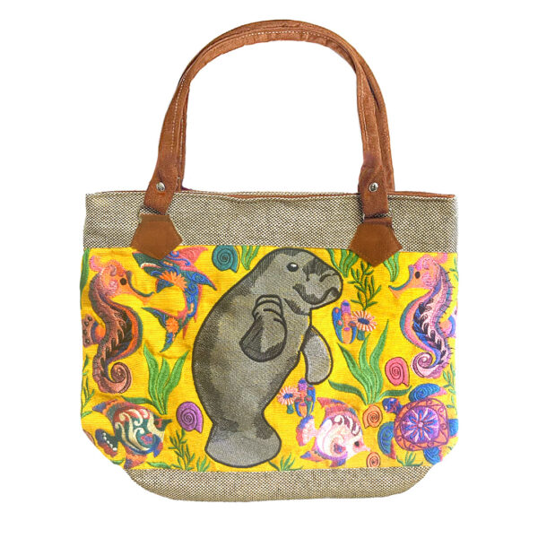 Embroidered Floral Manatee Burlap Suede Purse Tote Bag - Image 3