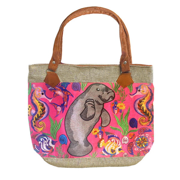 Embroidered Floral Manatee Burlap Suede Purse Tote Bag - Image 4