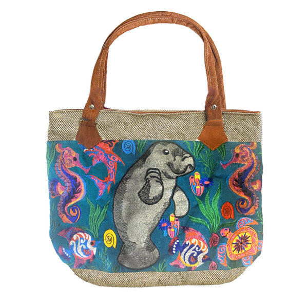Embroidered Floral Manatee Burlap Suede Purse Tote Bag - Image 2