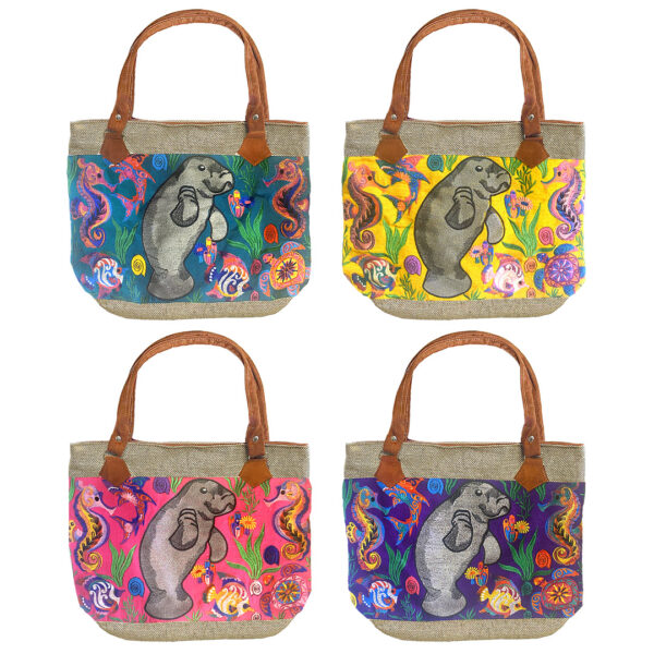 Embroidered Floral Manatee Burlap Suede Purse Tote Bag