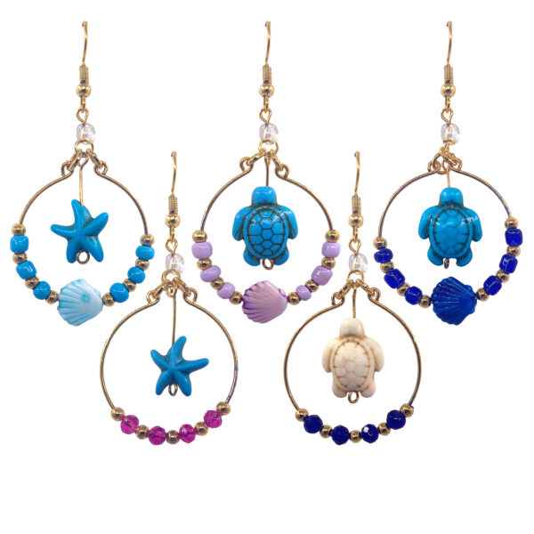 Round Beaded Shell Gold Hoop Sea Life Dangle Earrings