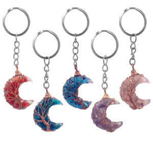 Crescent Moon Stone Tree of Life Copper Wire Wrapped Keychain
