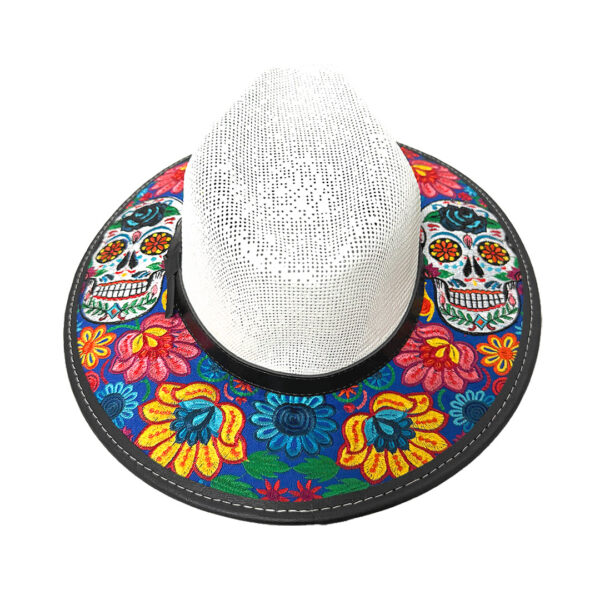 Floral Sugar Skull Embroidered Straw Sun Hat - Image 5