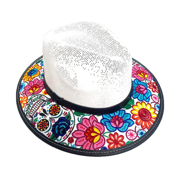 Floral Sugar Skull Embroidered Straw Sun Hat - Image 2