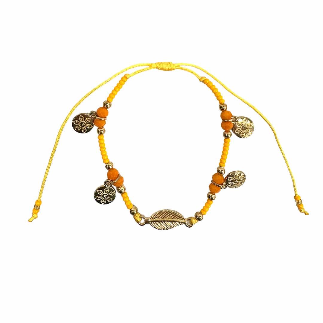 Gold Leaf Flower Charm Beaded Pull Tie Bracelet - Image 3