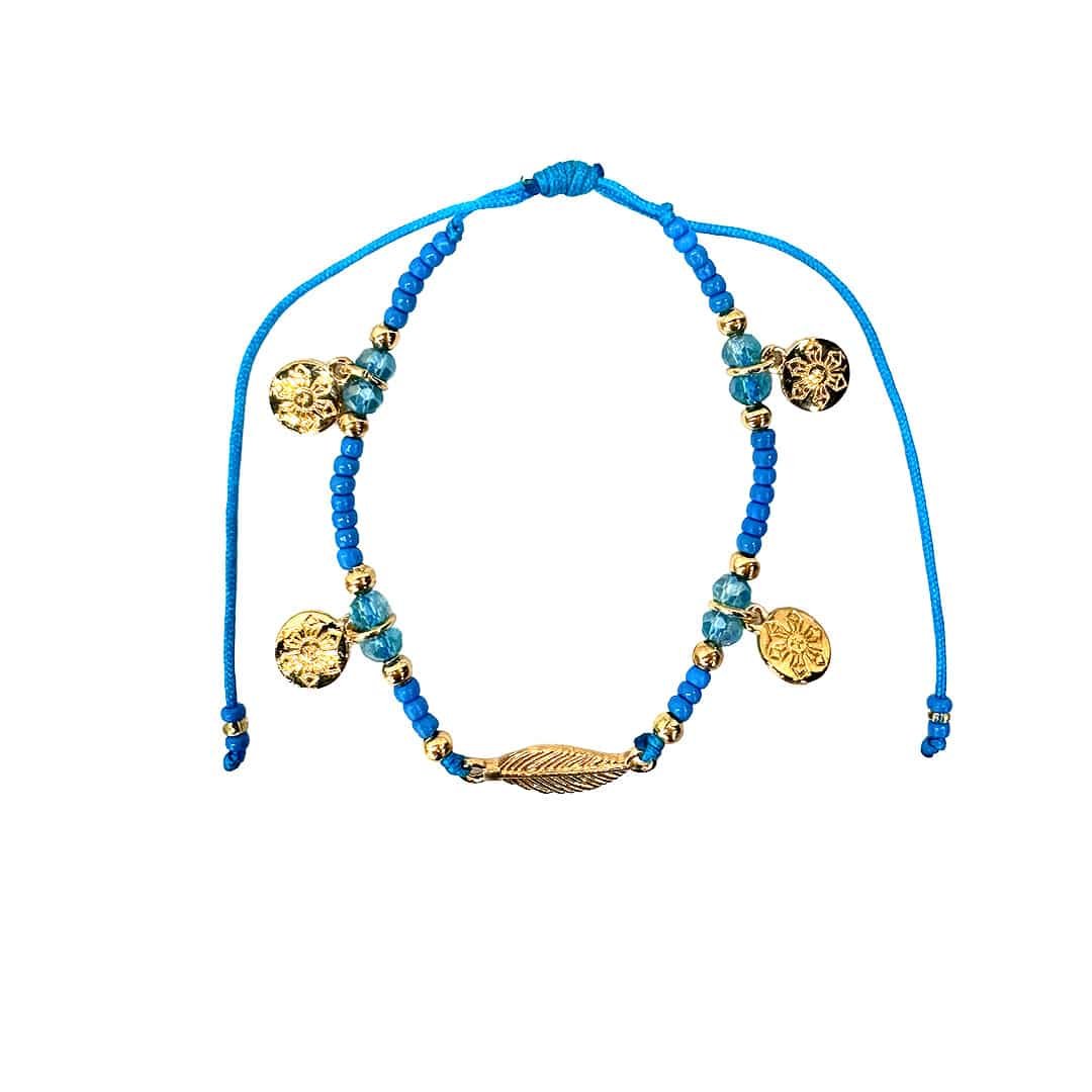 Gold Leaf Flower Charm Beaded Pull Tie Bracelet - Image 5