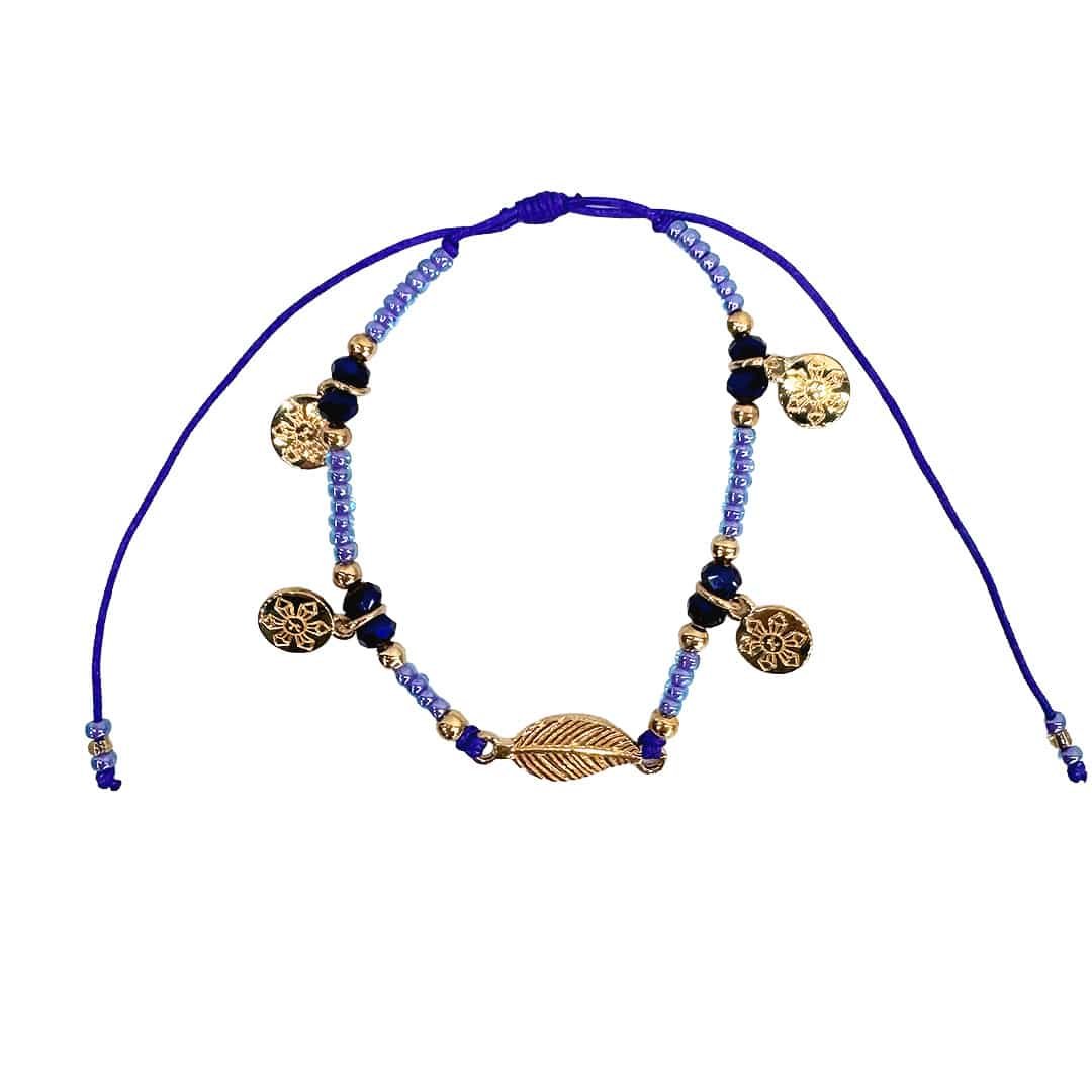 Gold Leaf Flower Charm Beaded Pull Tie Bracelet - Image 6