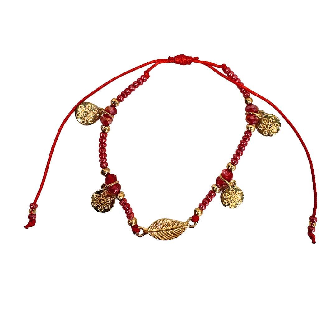 Gold Leaf Flower Charm Beaded Pull Tie Bracelet - Image 2