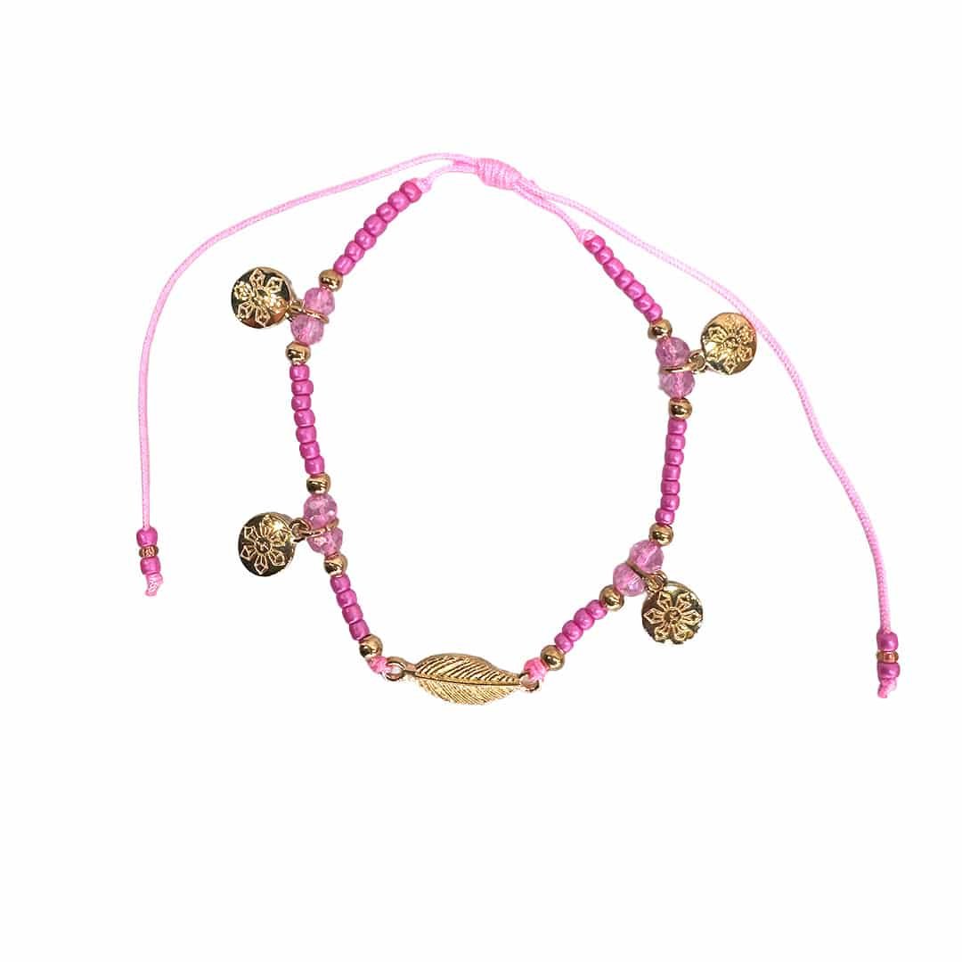 Gold Leaf Flower Charm Beaded Pull Tie Bracelet - Image 7