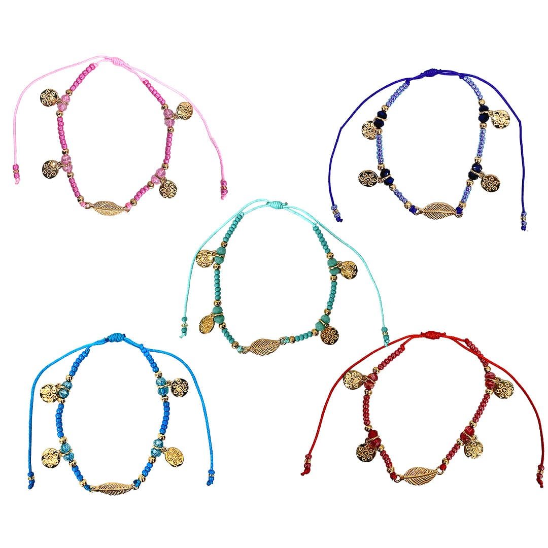 Gold Leaf Flower Charm Beaded Pull Tie Bracelet