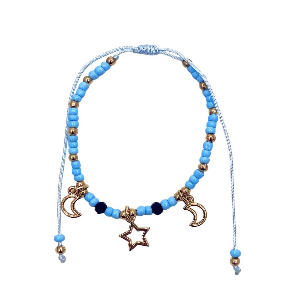 Gold Moon and Star Charm Beaded Pull Tie Bracelet - Image 3