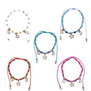 Gold Moon and Star Charm Beaded Pull Tie Bracelet