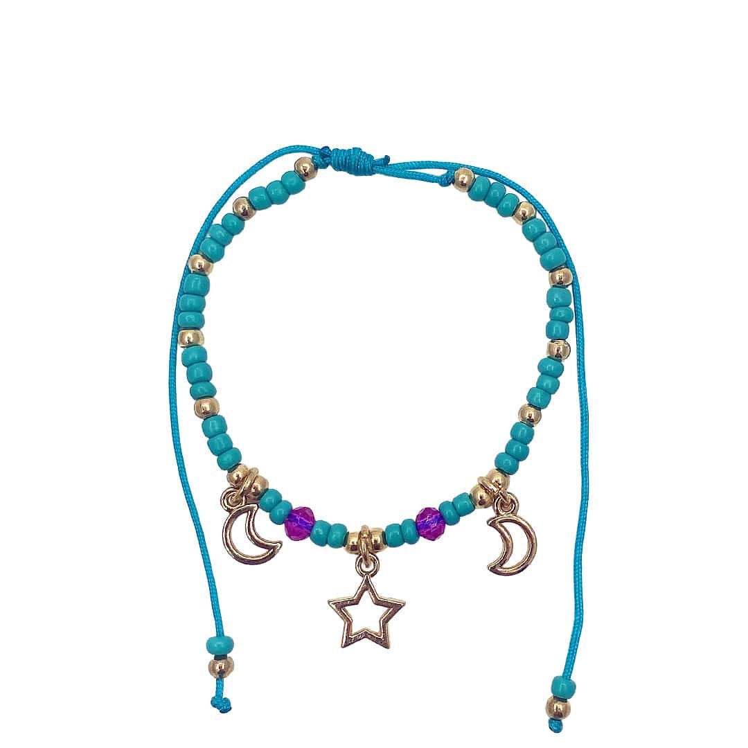 Gold Moon and Star Charm Beaded Pull Tie Bracelet - Image 2