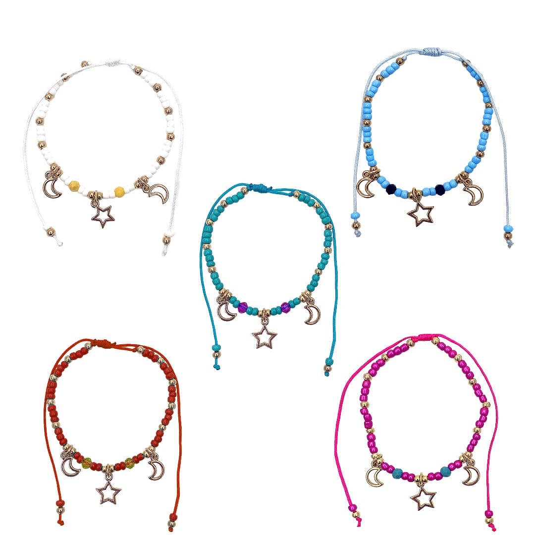 Gold Moon and Star Charm Beaded Pull Tie Bracelet