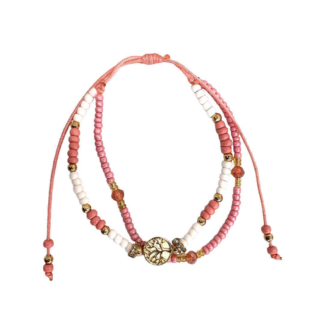 Gold Tree of Life Charm Beaded Pull Tie Bracelet - Image 2