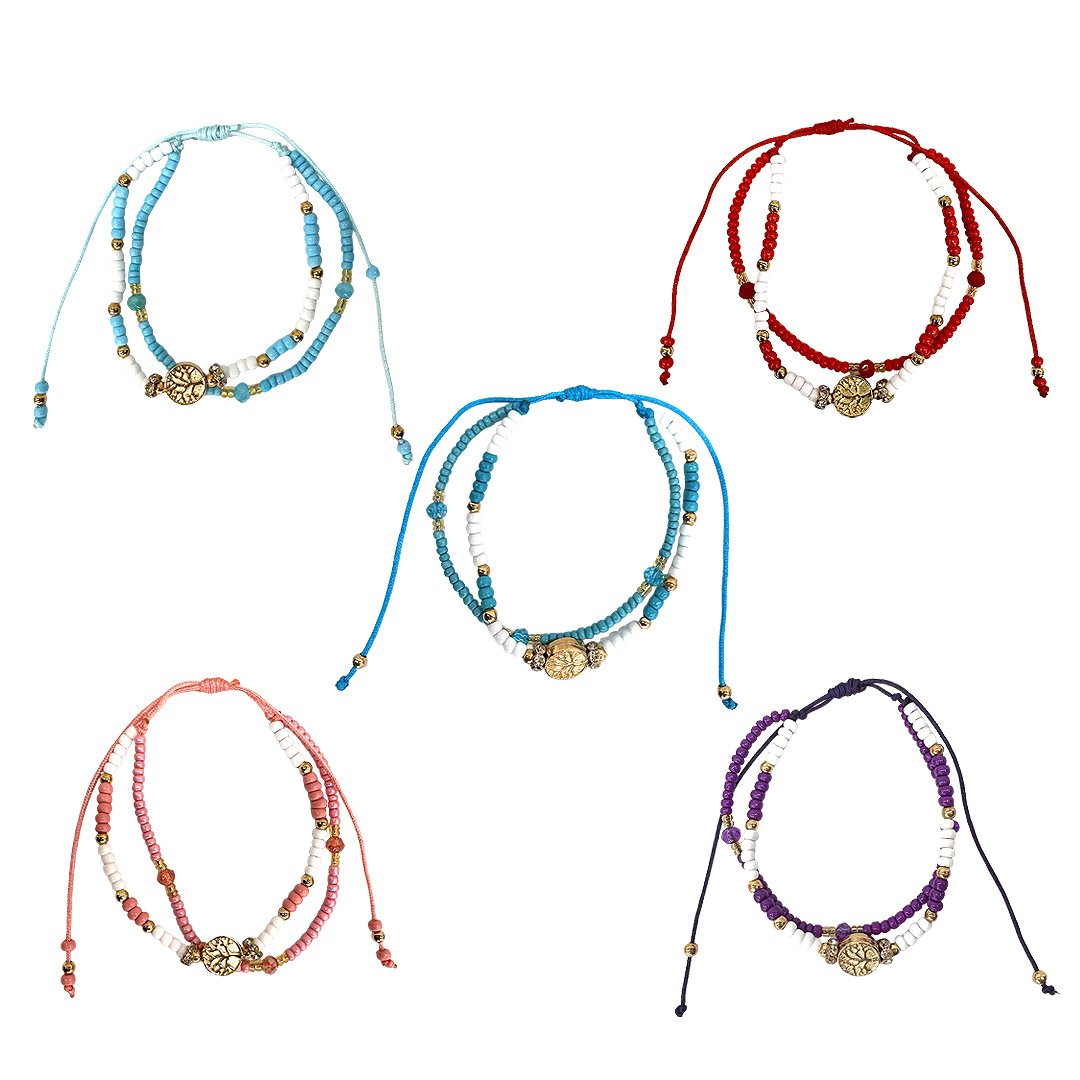 Gold Tree of Life Charm Beaded Pull Tie Bracelet