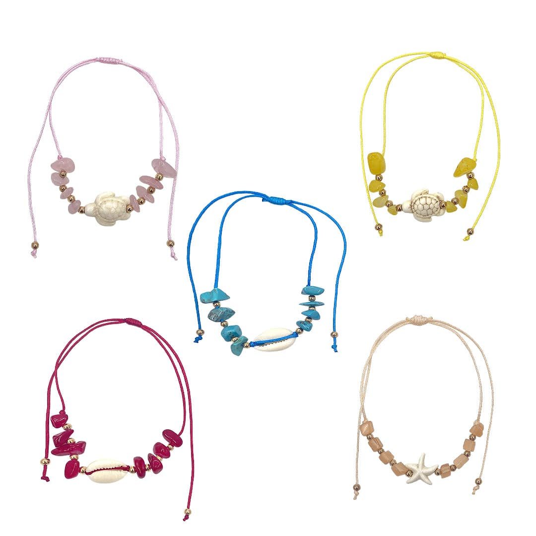 Sea Life Chip Stone Gold Beaded Pull Tie Bracelet