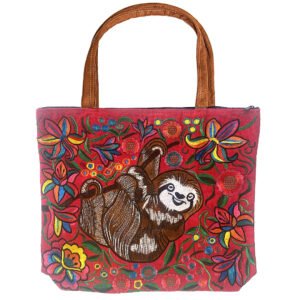 Embroidered Floral Sloth Large Suede Tote Bag