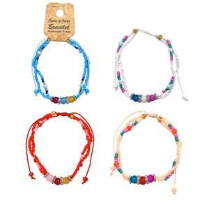 Triple Stone Ball Beaded Multi Strand Pull Tie Bracelet