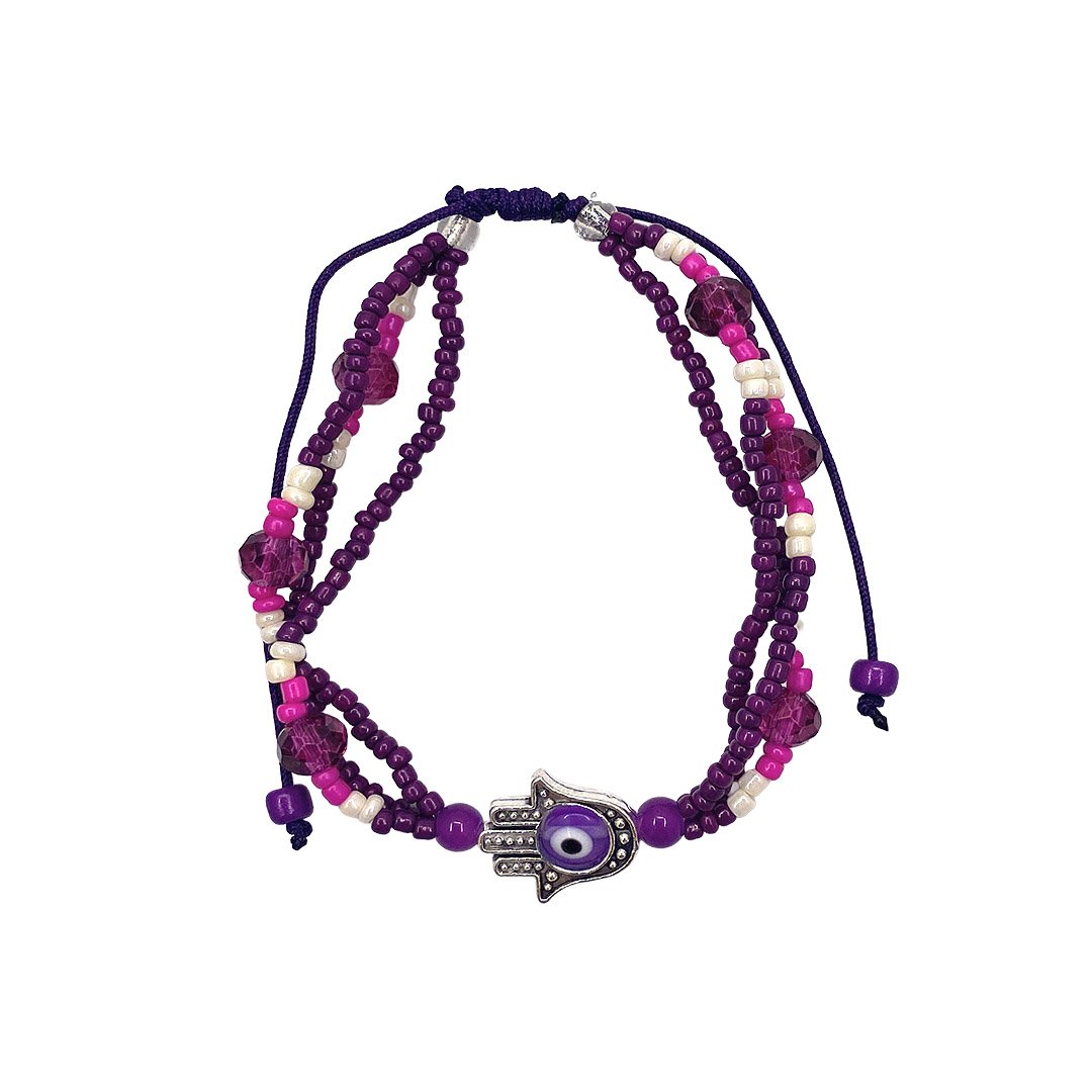 Hamsa Charm Evil Eye Beaded Multi Strand Pull Tie Bracelet - Image 3