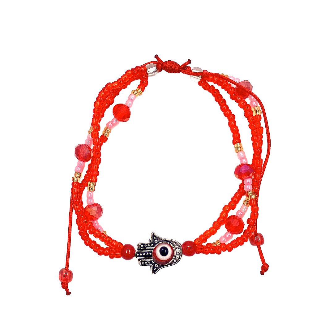 Hamsa Charm Evil Eye Beaded Multi Strand Pull Tie Bracelet - Image 6