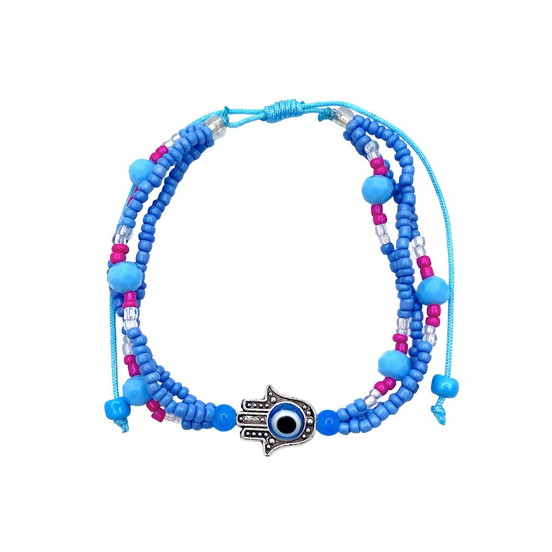 Hamsa Charm Evil Eye Beaded Multi Strand Pull Tie Bracelet - Image 5