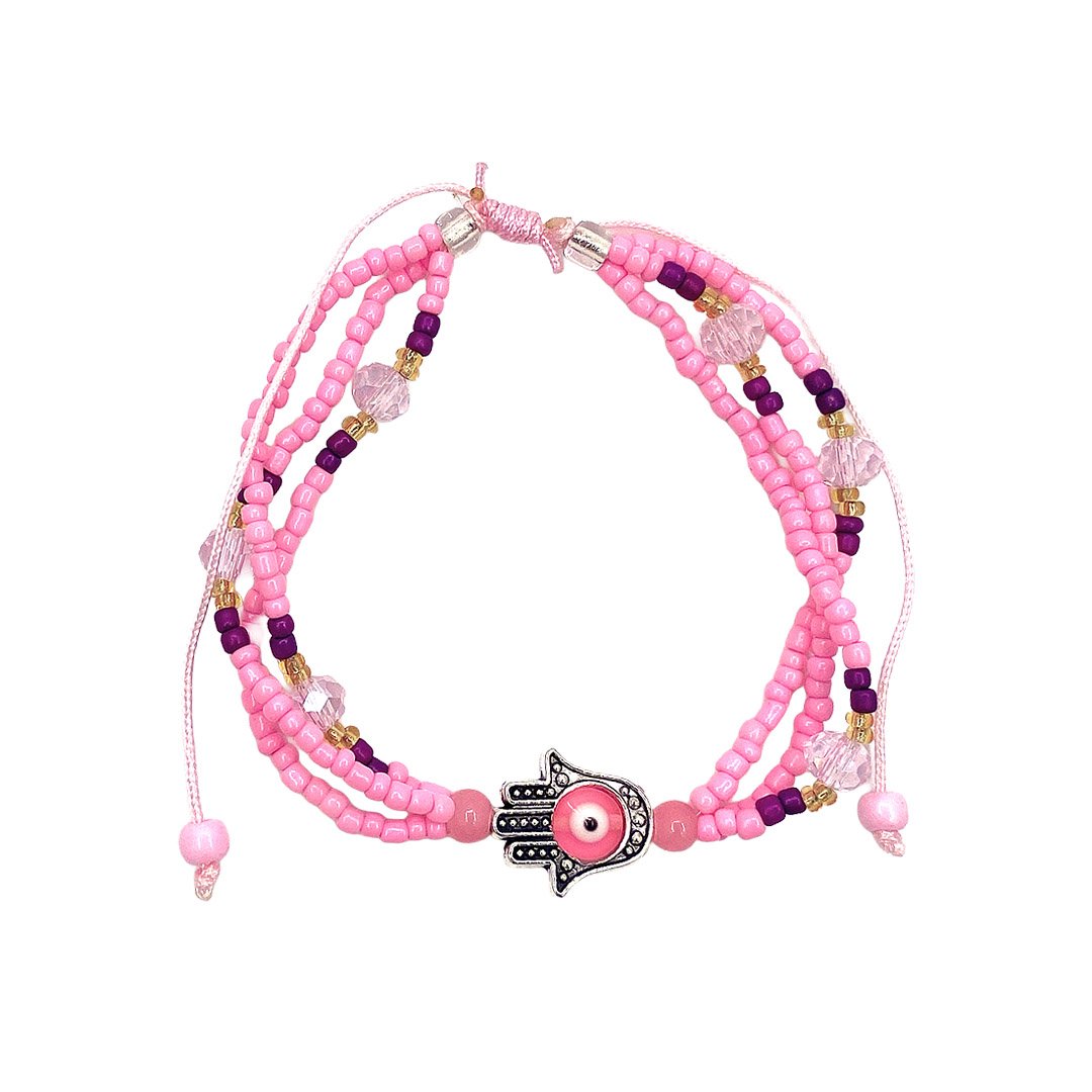 Hamsa Charm Evil Eye Beaded Multi Strand Pull Tie Bracelet - Image 4
