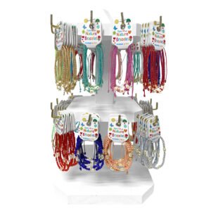 144 Pcs Kid's Carded Daisy & Pearl Beaded Pull Tie Bracelet 2-Tier Display