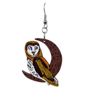 Large Wooden Owl Moon Earrings