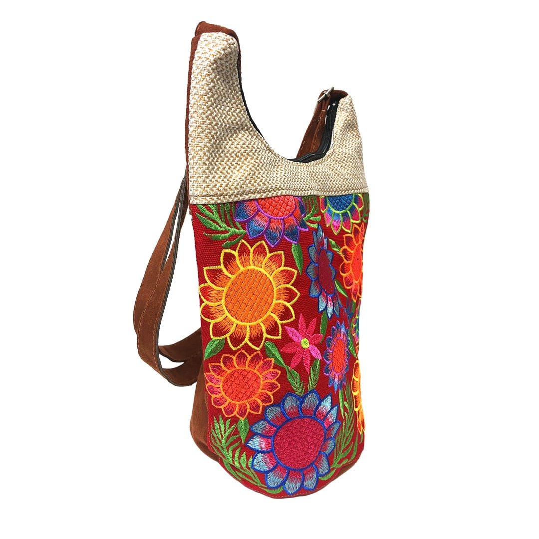 Floral Embroidered Burlap Bucket Bag - Image 3