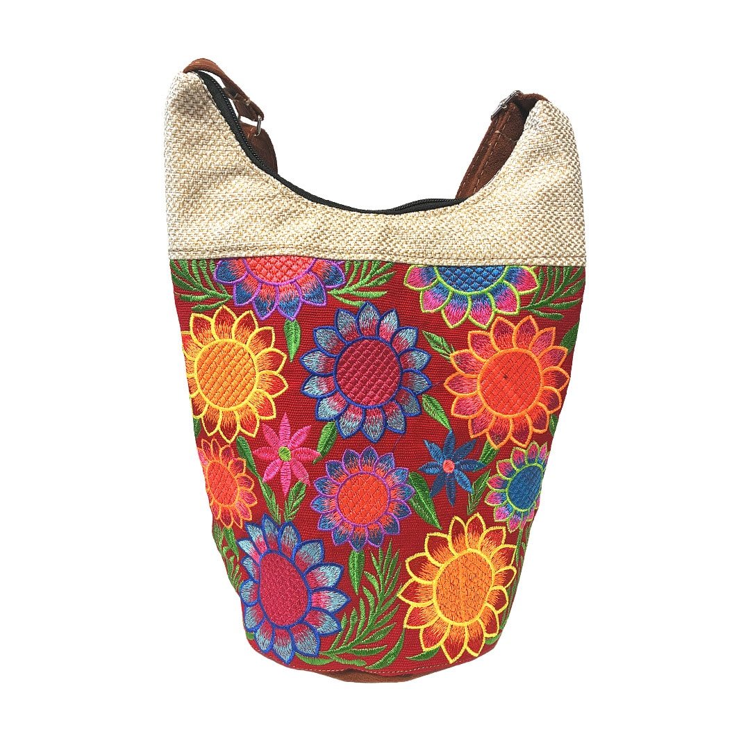 Floral Embroidered Burlap Bucket Bag - Image 2