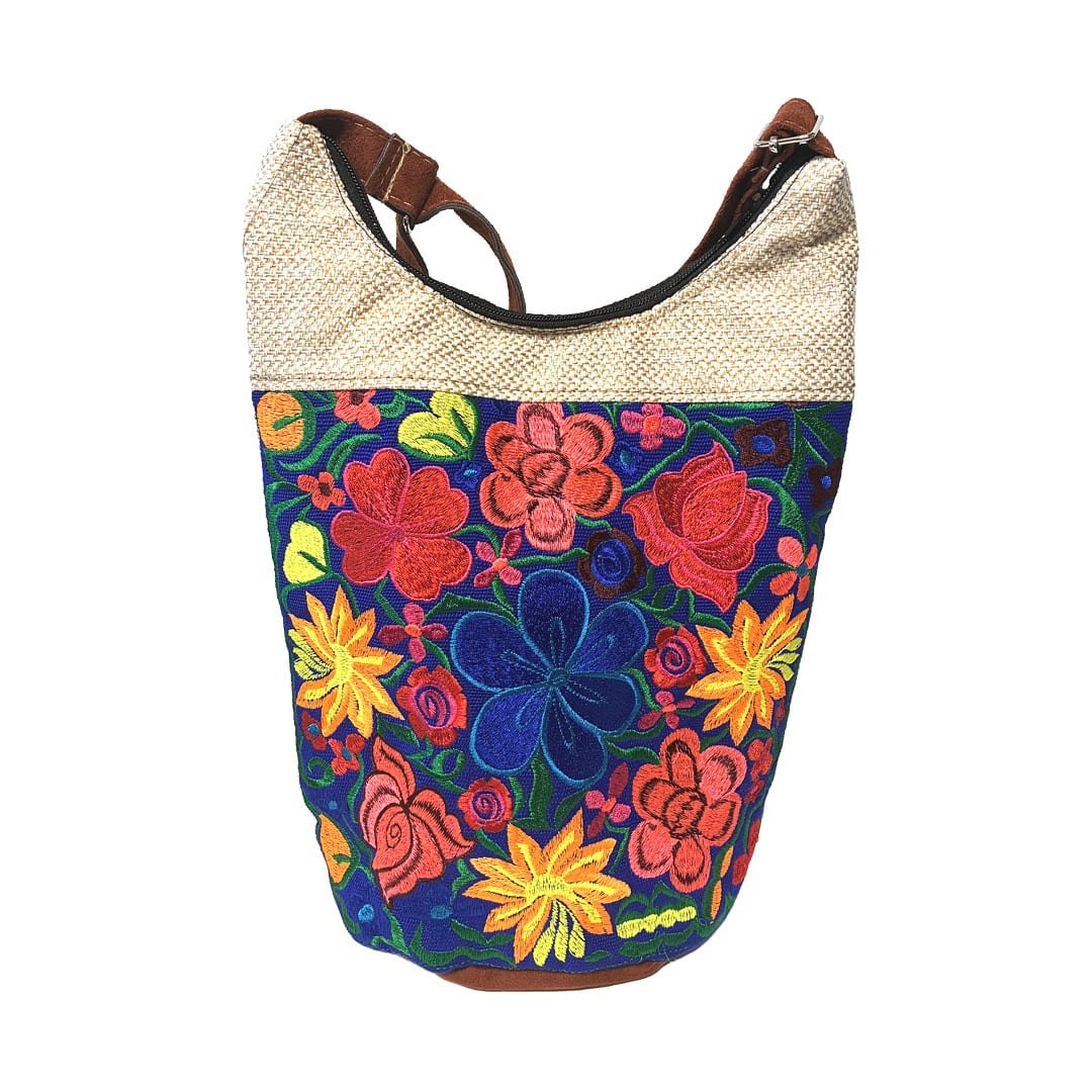 Floral Embroidered Burlap Bucket Bag - Image 5